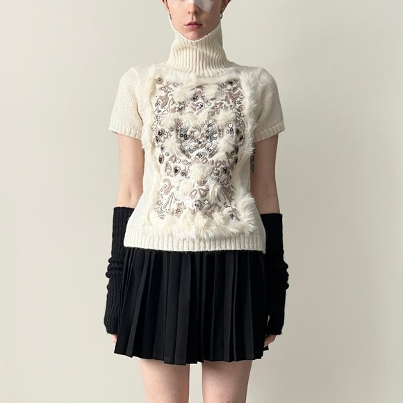 Japanese Brand Rabbit Fur Embellished Mohair Short-Sleeve Turtleneck Sweater - Picture 1 of 6